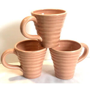 3 Vintage 4" Pot Luck Flirt Pottery Coffee Mugs Cups Beehive Pink Ribbed Retro
